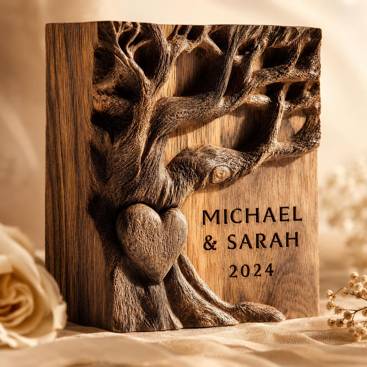1st Anniversary Paper Gift Alternative, Tree of Life Book Block Sculpture, 3D Solid Walnut Wood Personalized Couple Name