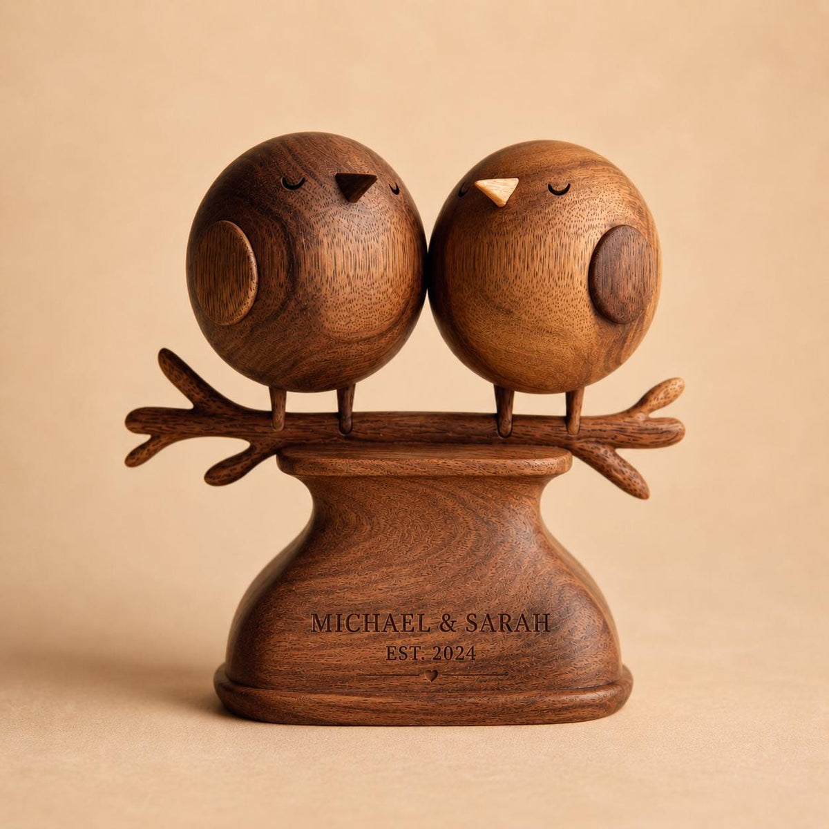 Custom Walnut Love Birds Sculpture | Personalized 5th Anniversary Couple Gift