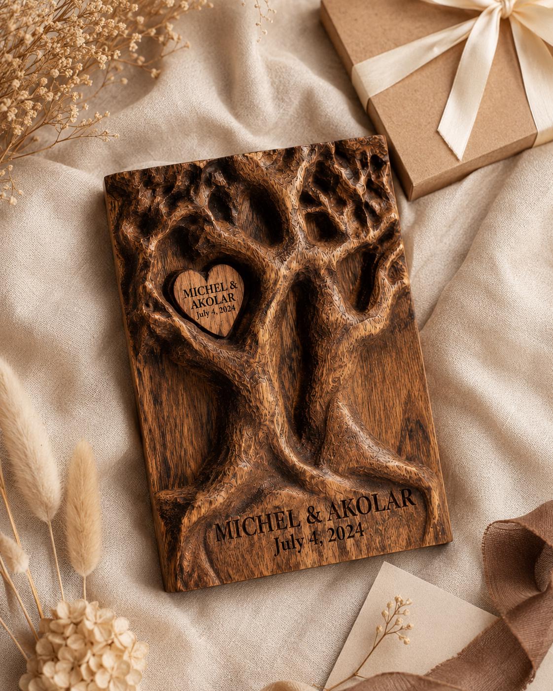 Custom Wood Tree of Life Plaque | Personalized Anniversary Heart Block, Walnut Decor Keepsake