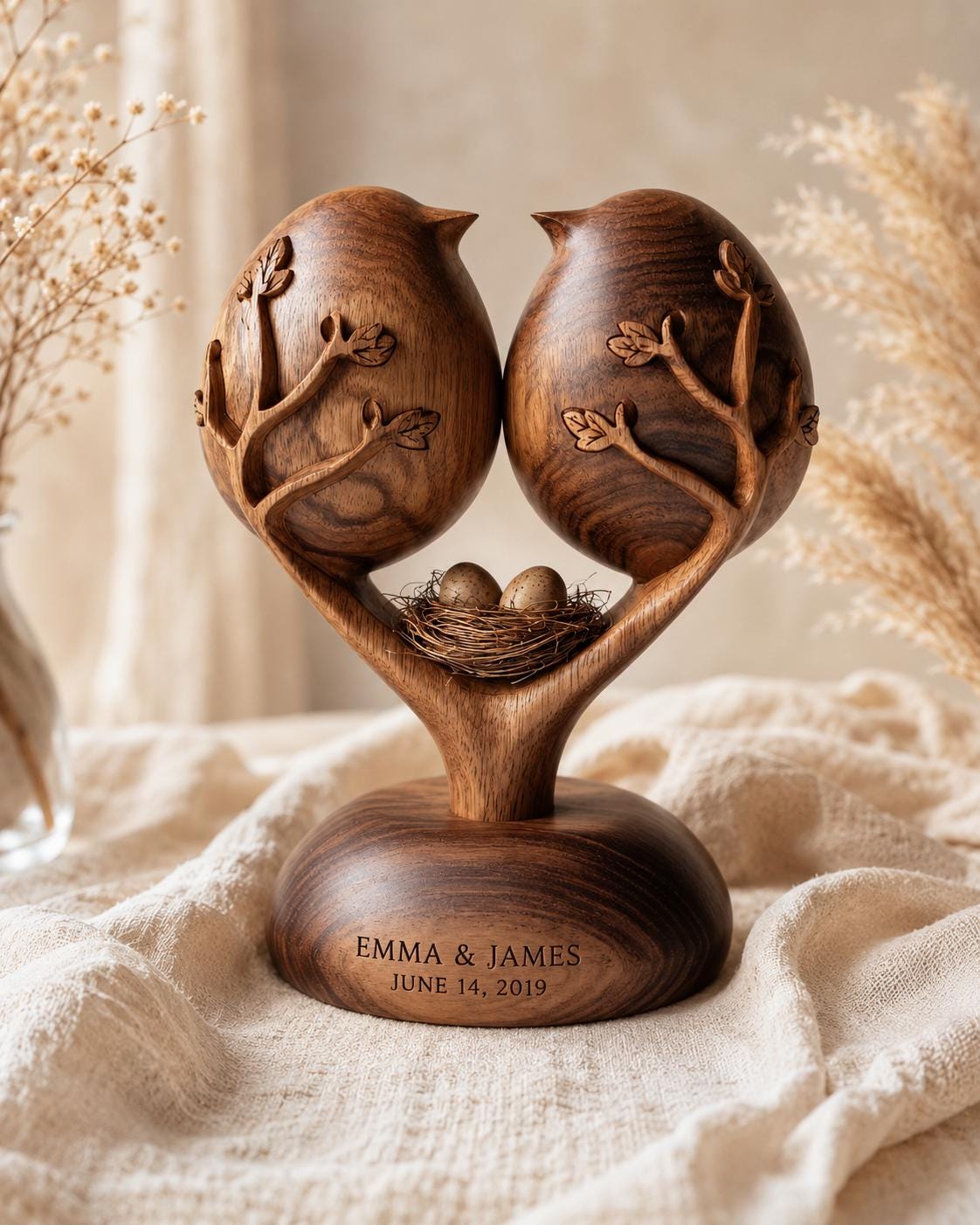 Love Birds Nest Sculpture | Custom Walnut Wood Anniversary Keepsake