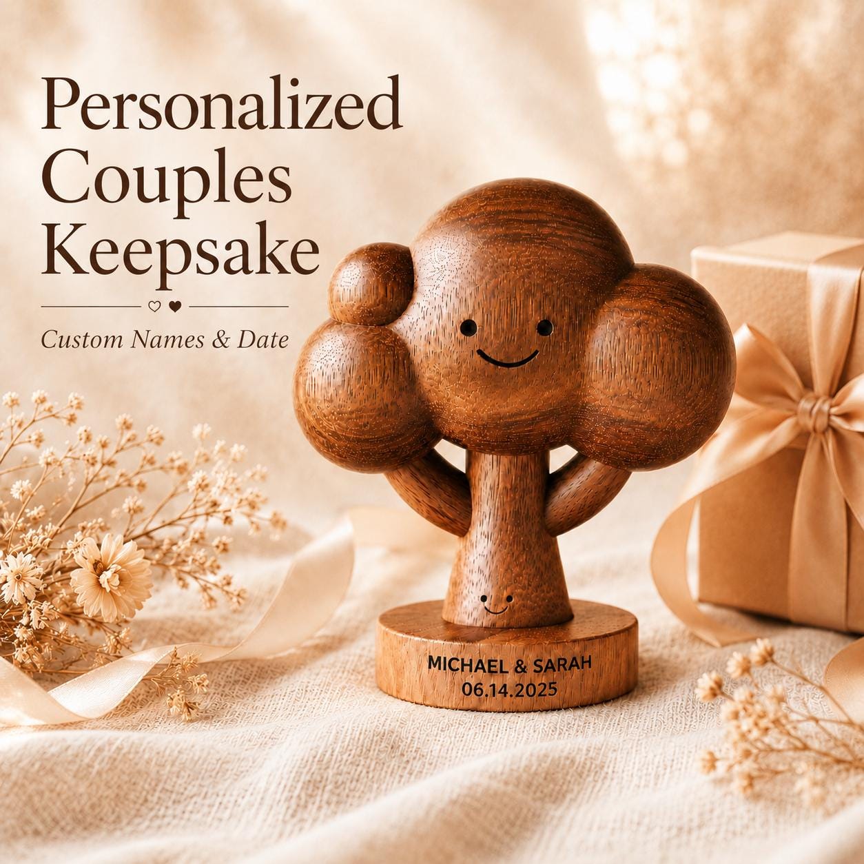 Personalized Walnut Couple Tree Sculpture, Hand-Carved Names & Date Anniversary Keepsake