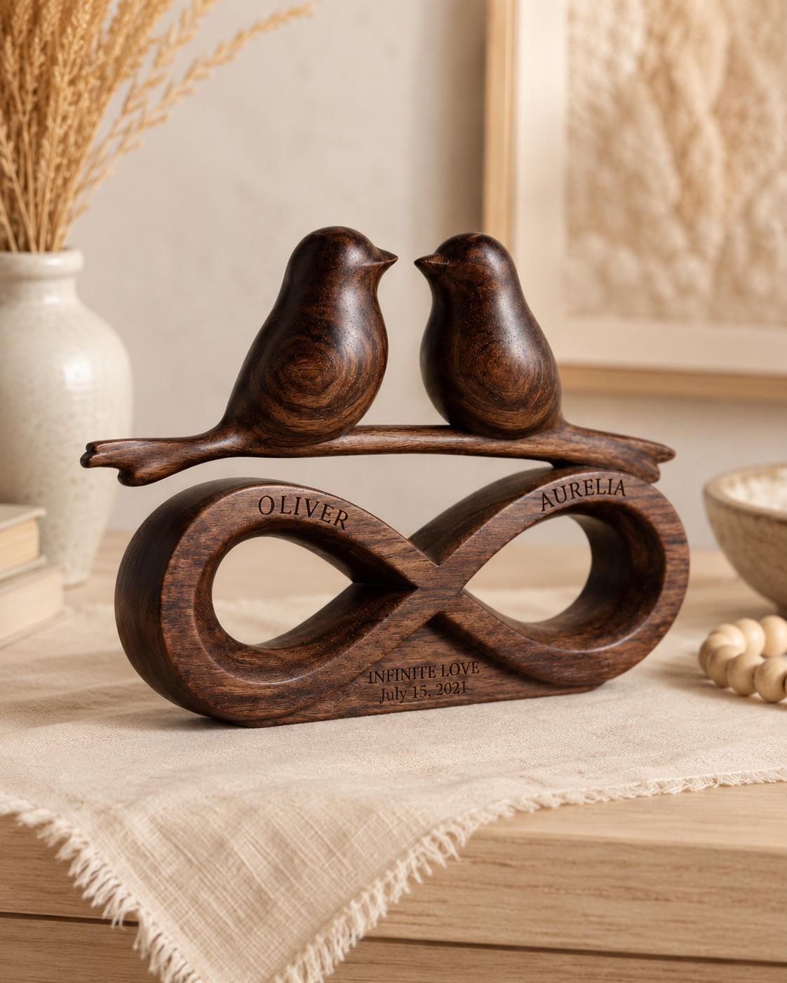 Walnut Wood Lovebirds Infinity Sculpture | Custom Anniversary Romance Art Desk Decor