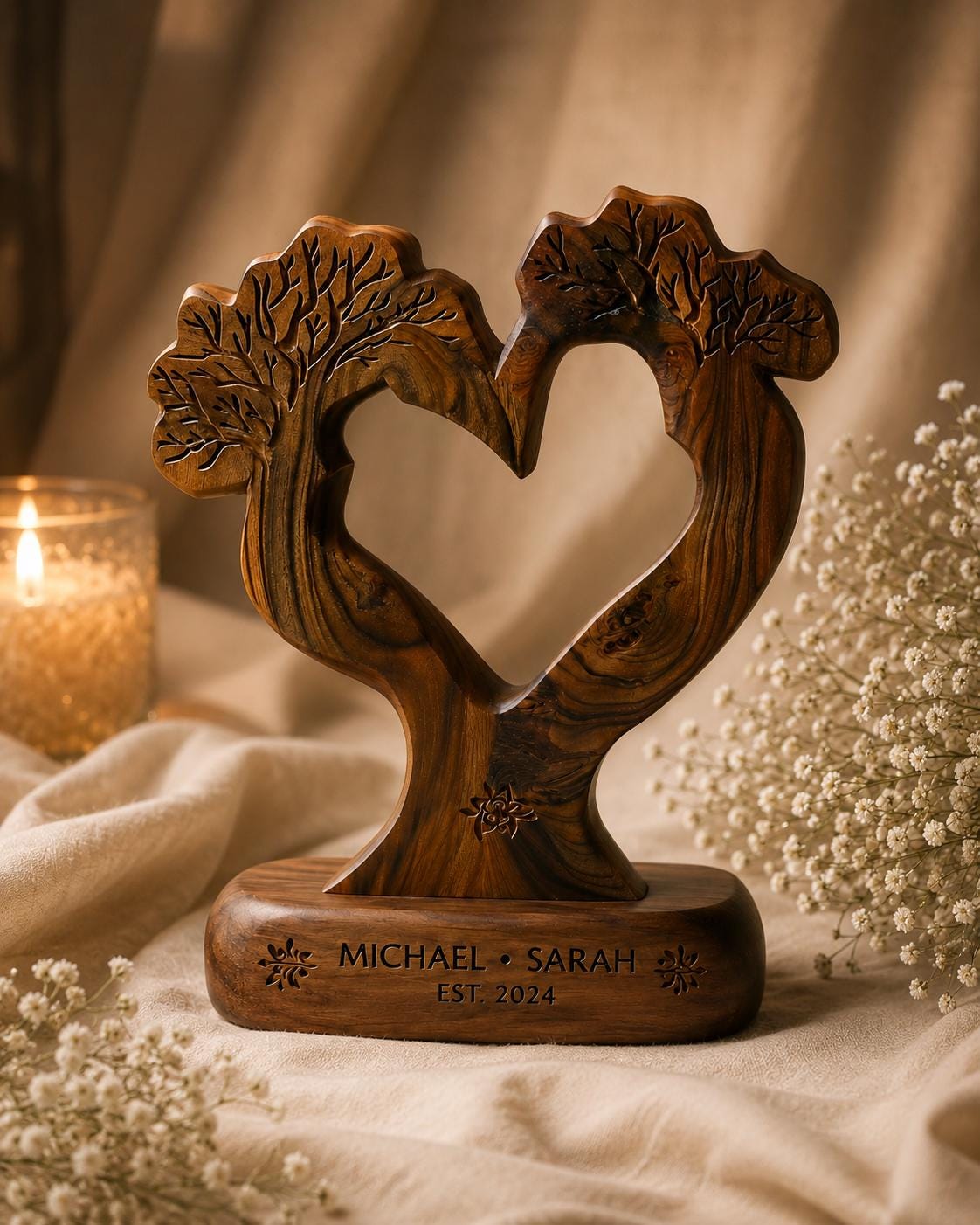 Personalized Wood Anniversary Sculpture | Custom Heart Tree Keepsake, Couple Gift
