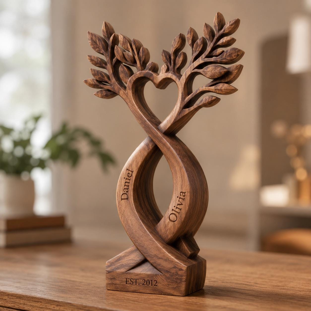Custom Infinity Heart Tree Sculpture | Engraved Walnut Anniversary Art