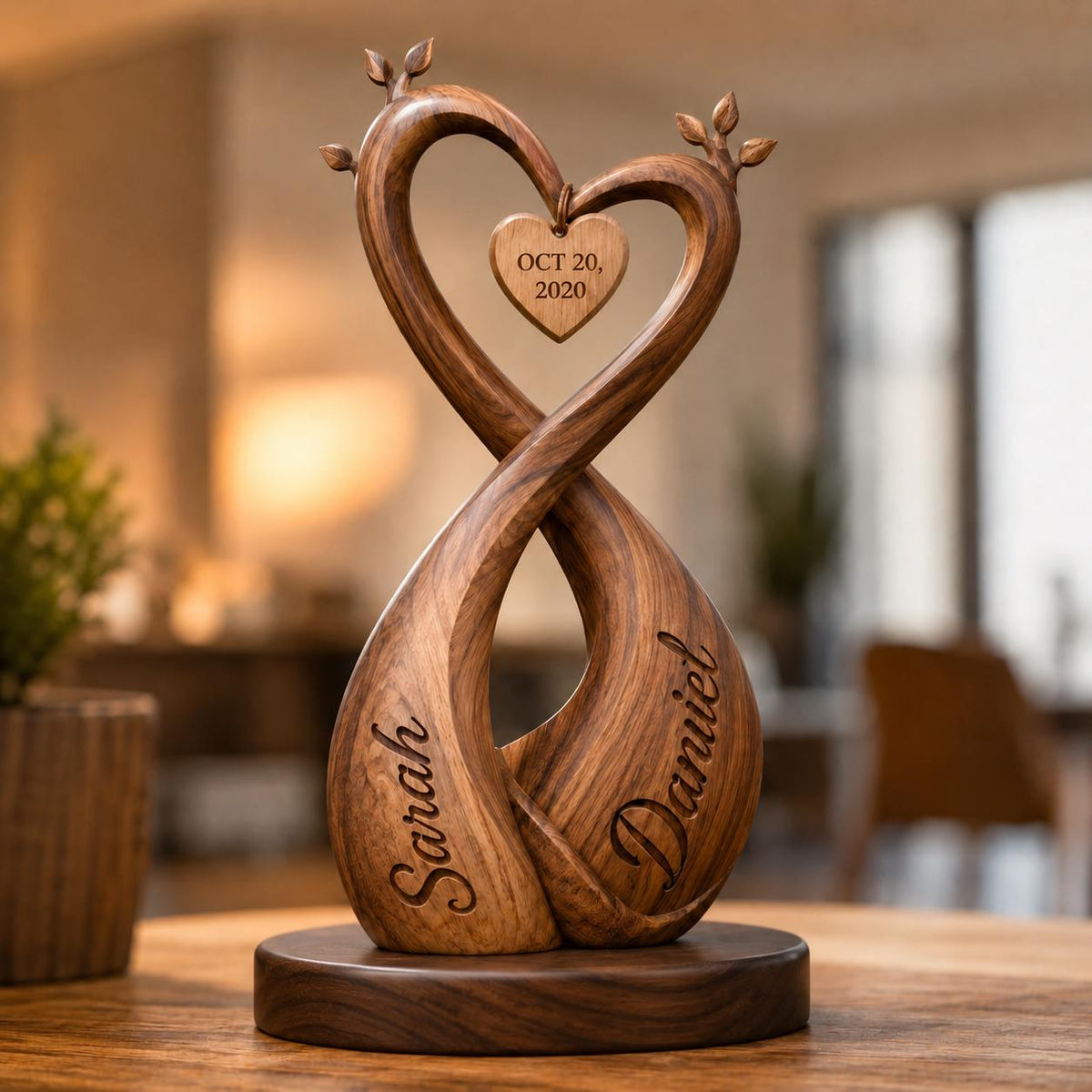Personalized Infinity Heart Sculpture | Solid Walnut Wood Anniversary Keepsake, Couples Gift