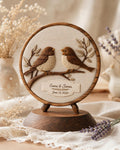 Embroidered Bird Couple Plaque | Walnut Wood Hoop Art, Anniversary Gift