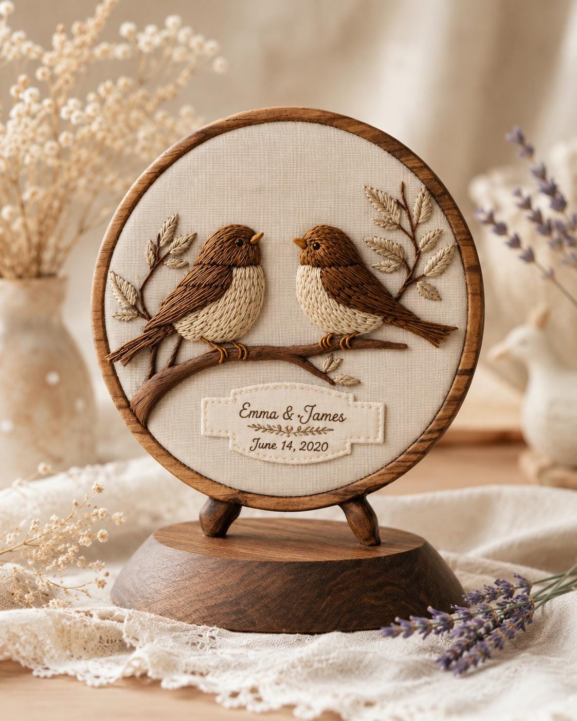 Embroidered Bird Couple Plaque | Walnut Wood Hoop Art, Anniversary Gift