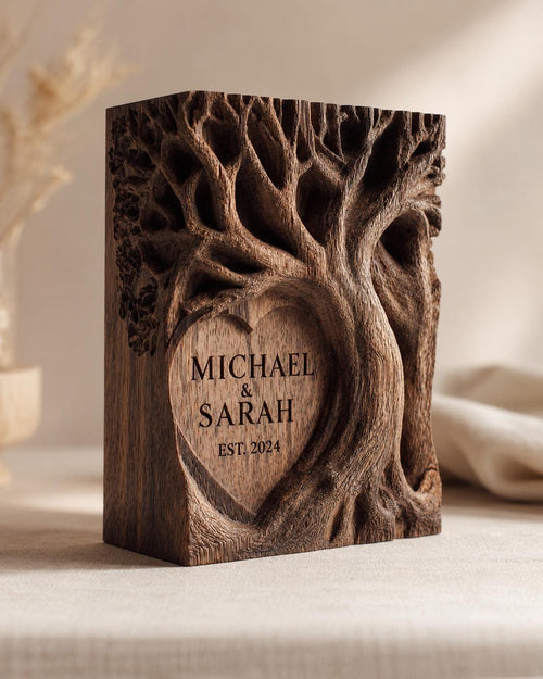 Carved Walnut Tree of Life Heart Block | Custom Anniversary Keepsake Plaque