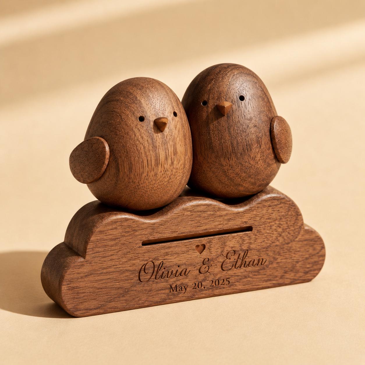 Personalized Walnut Love Birds Sculpture | Custom Wedding Anniversary Keepsake