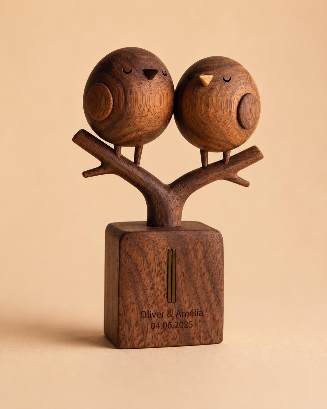 Engagement Gift for Couple, Kissing Lovebirds on Branch Sculpture, 3D Solid Walnut Wood Personalized Wedding Cake Topper