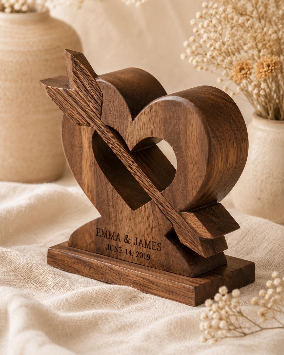 Walnut Wood Arrow Through Heart Sculpture | Custom Anniversary Romance Art Desk Decor