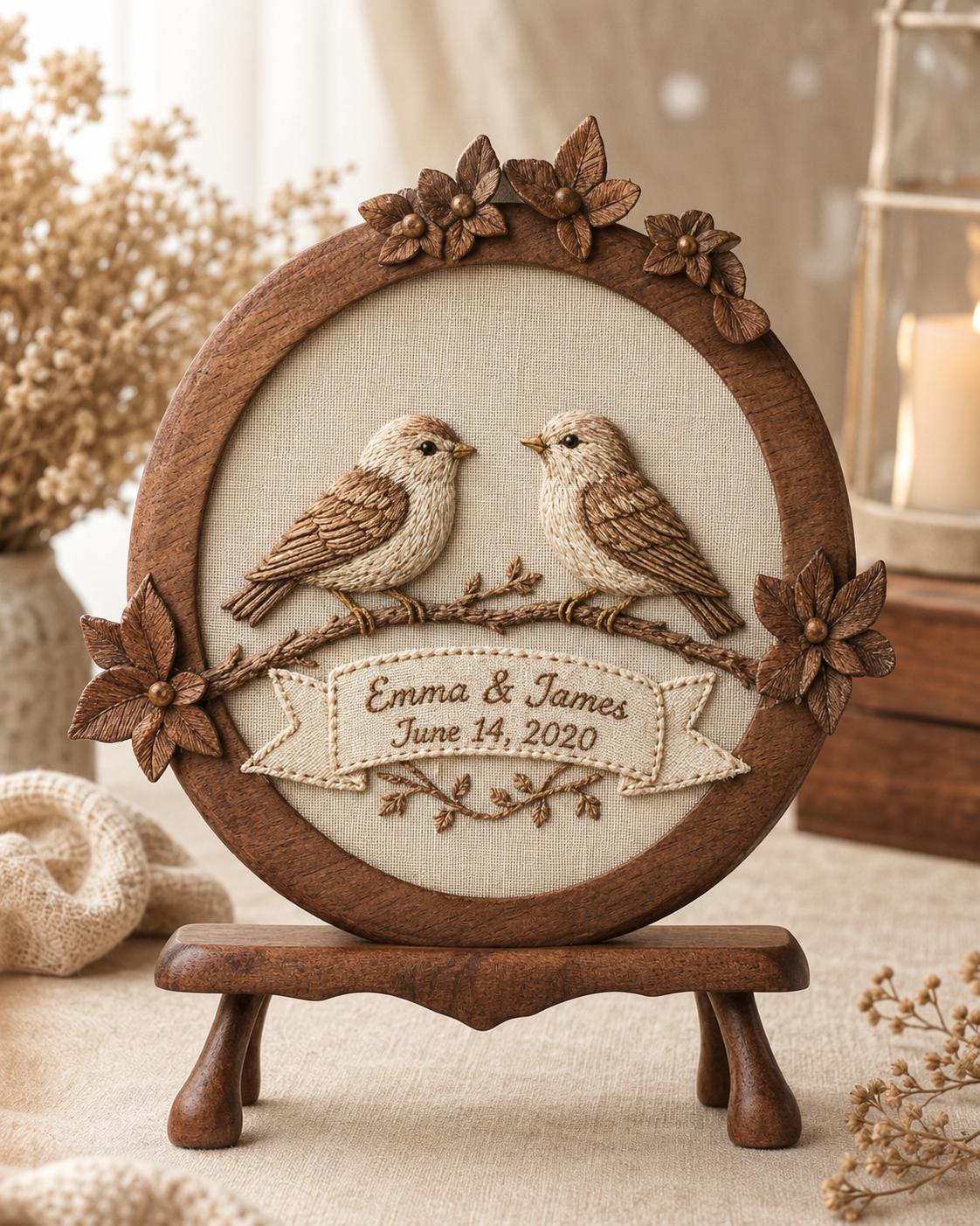 Embroidered Lovebirds Wedding Sign | Solid Wood Frame, Cottagecore Decor
