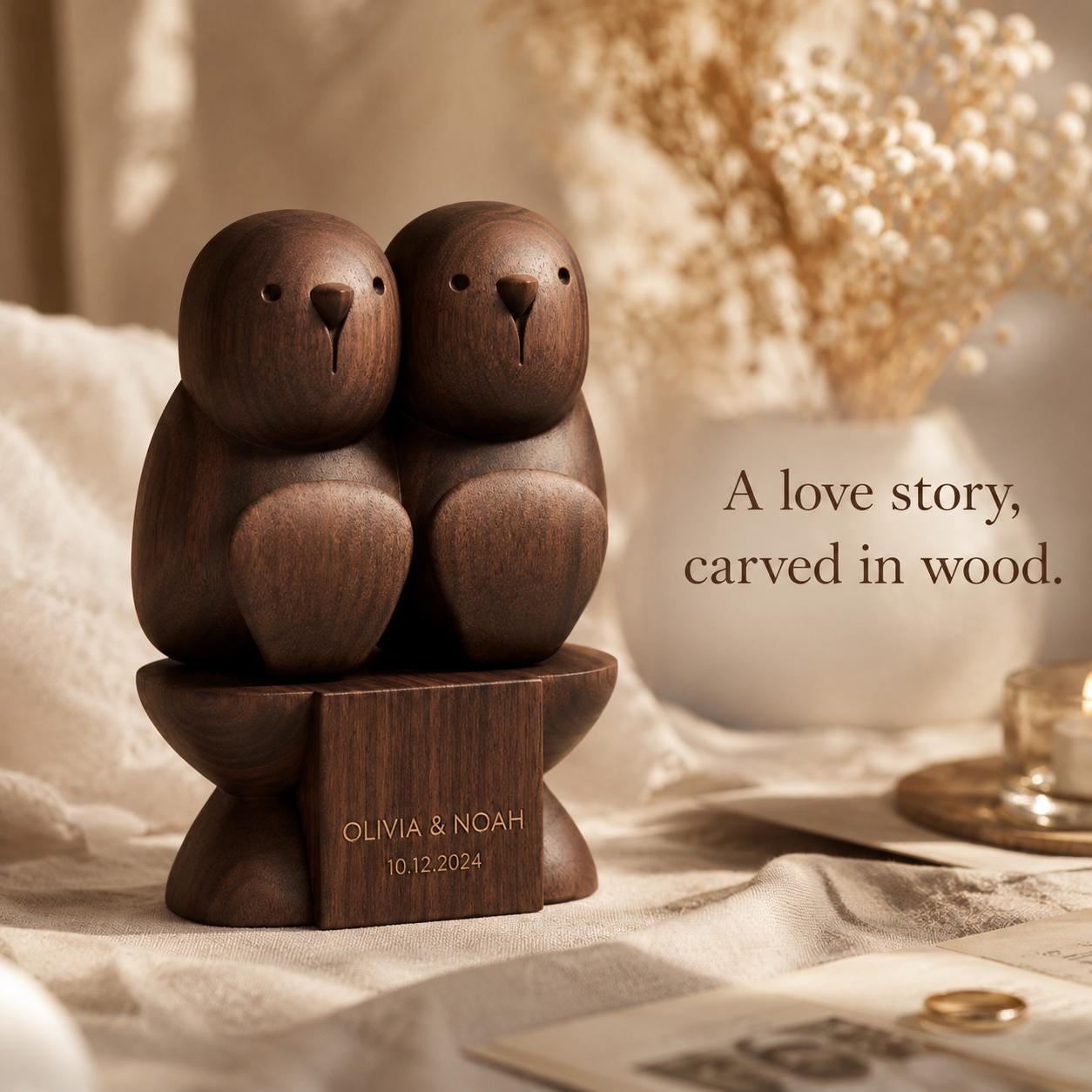 Solid Walnut Otter Couple Sculpture | Anniversary Romance Desk Decor