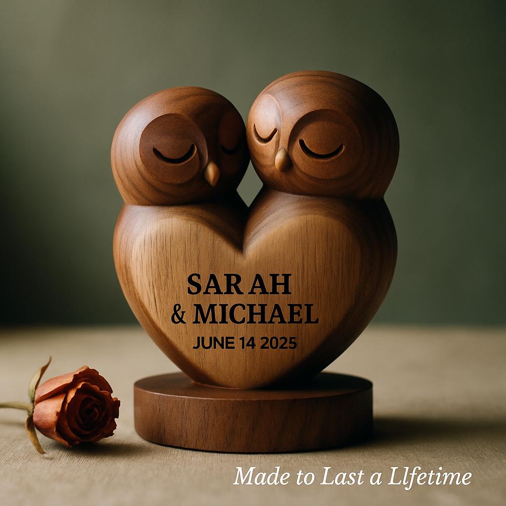 Solid Wood Owl Couple Statue, Japandi Romance Desk Decor, Anniversary Gift, Wedding Mascot