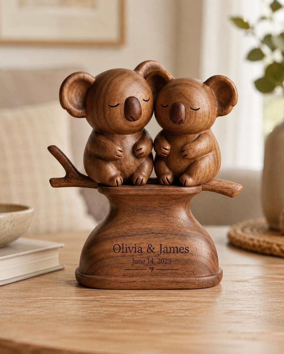 Koala Couple Gift Anniversary Present | Custom Animal Statue, Love Token | Walnut Wood Sculpture, Unique Totem Romance D
