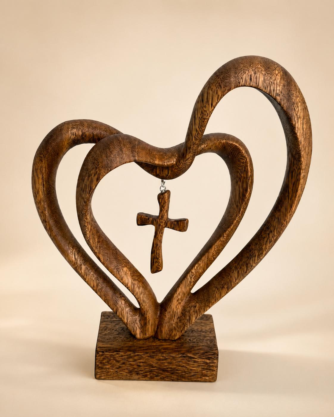 Interlocking Hearts Cross Sculpture: Solid Walnut Wood Anniversary Gift