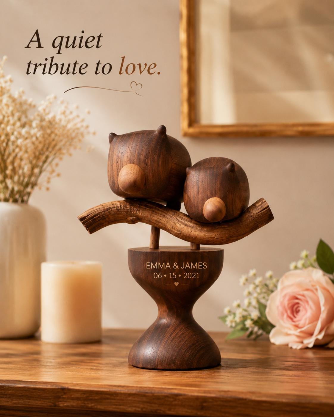 Wombat Couple Sculpture | Anniversary Gift, Custom Walnut Wood Totem, Romance Desk Decor