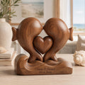 Kissing Fish Heart Sculpture | Solid Walnut Anniversary Keepsake, Ocean Wave Base
