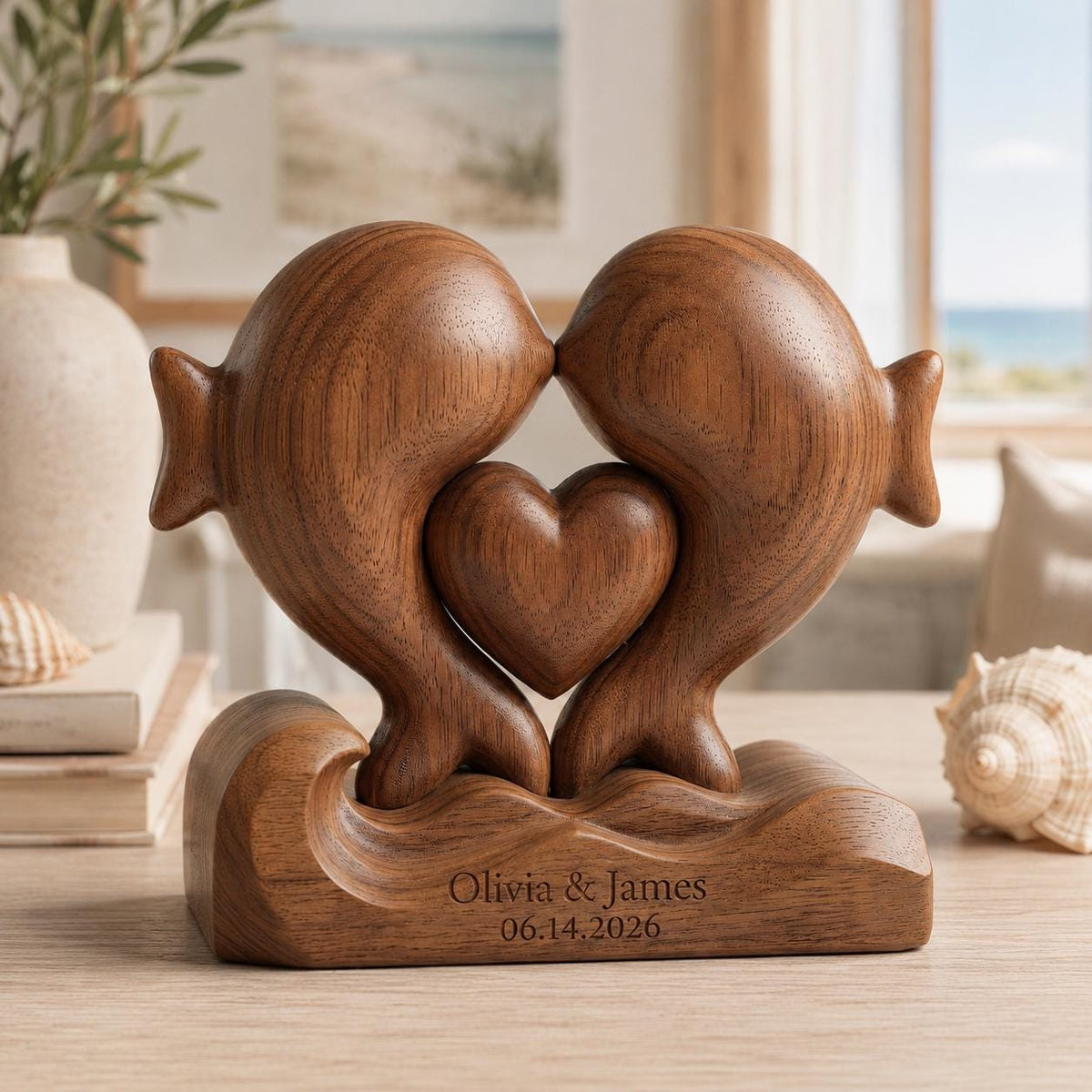 Kissing Fish Heart Sculpture | Solid Walnut Anniversary Keepsake, Ocean Wave Base