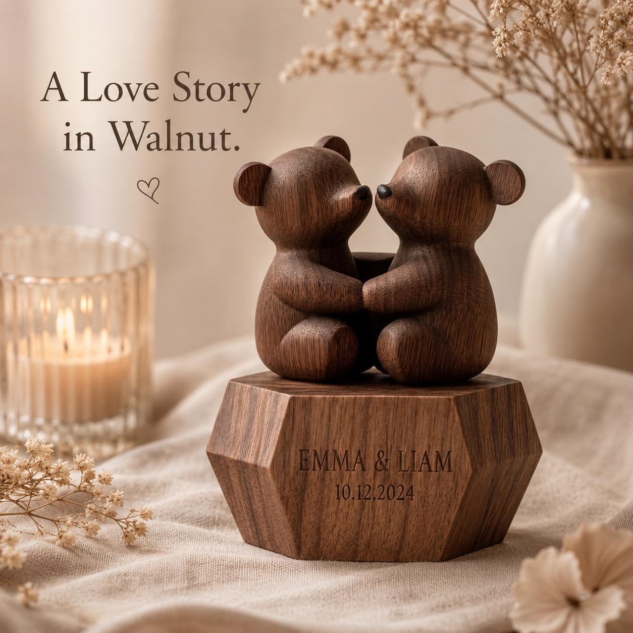 Walnut Wood Bear Couple Sculpture | Anniversary Gift, Custom Romance Desk Decor