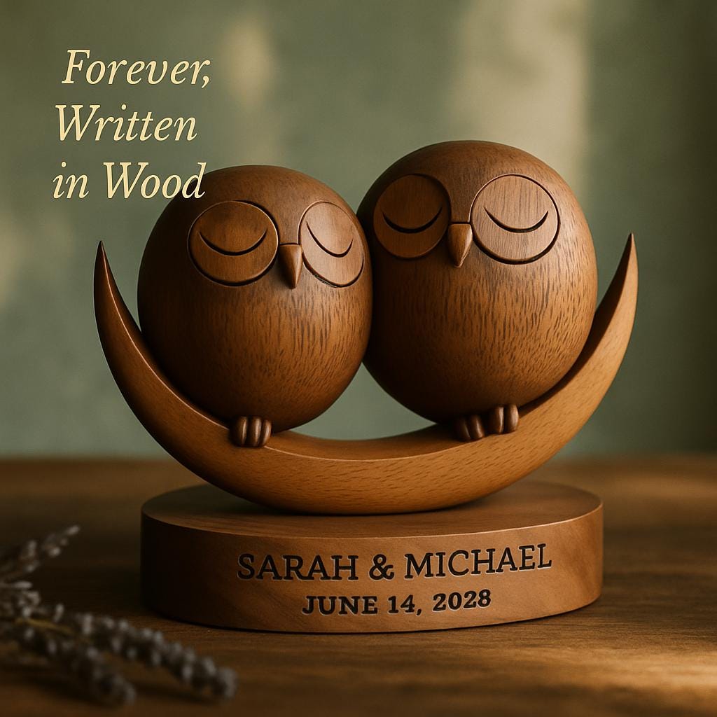 Custom Walnut Wood Owl Sculpture | Romantic Moon Anniversary Desk Decor