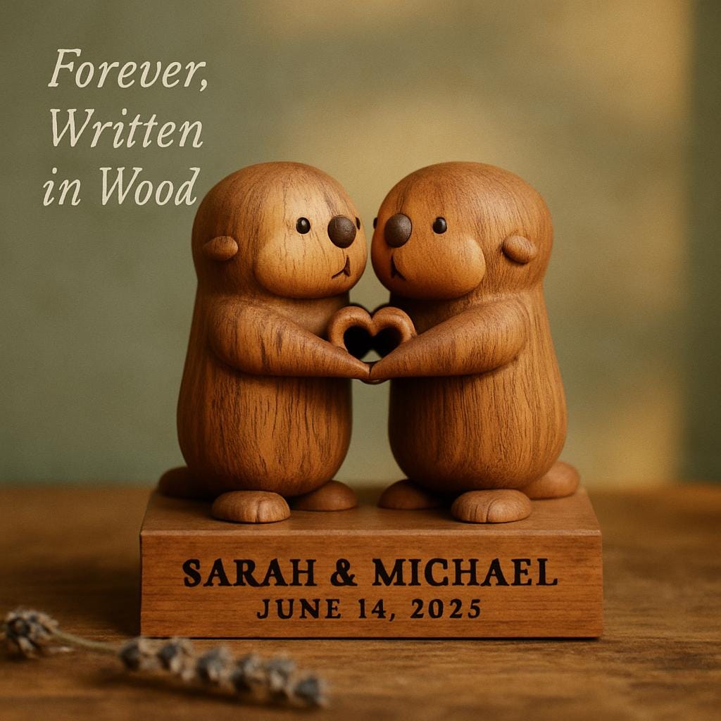 Otter Half Wedding Gift, Otter Couple Holding Hands Heart Sculpture, 3D Solid Walnut Wood Personalized Japandi Anniversa