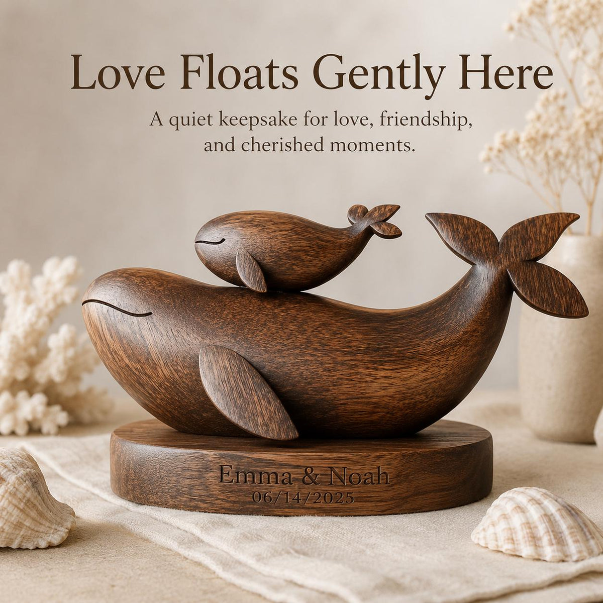 Baby Shower Gift for Mom, Mother and Baby Whale Sculpture, 3D Solid Walnut Wood Personalized Nursery Decor with Family N