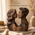 Just Married Gift for Couple, Kissing Couple Profile Silhouette Sculpture, 3D Solid Walnut Wood Personalized Wedding Ann