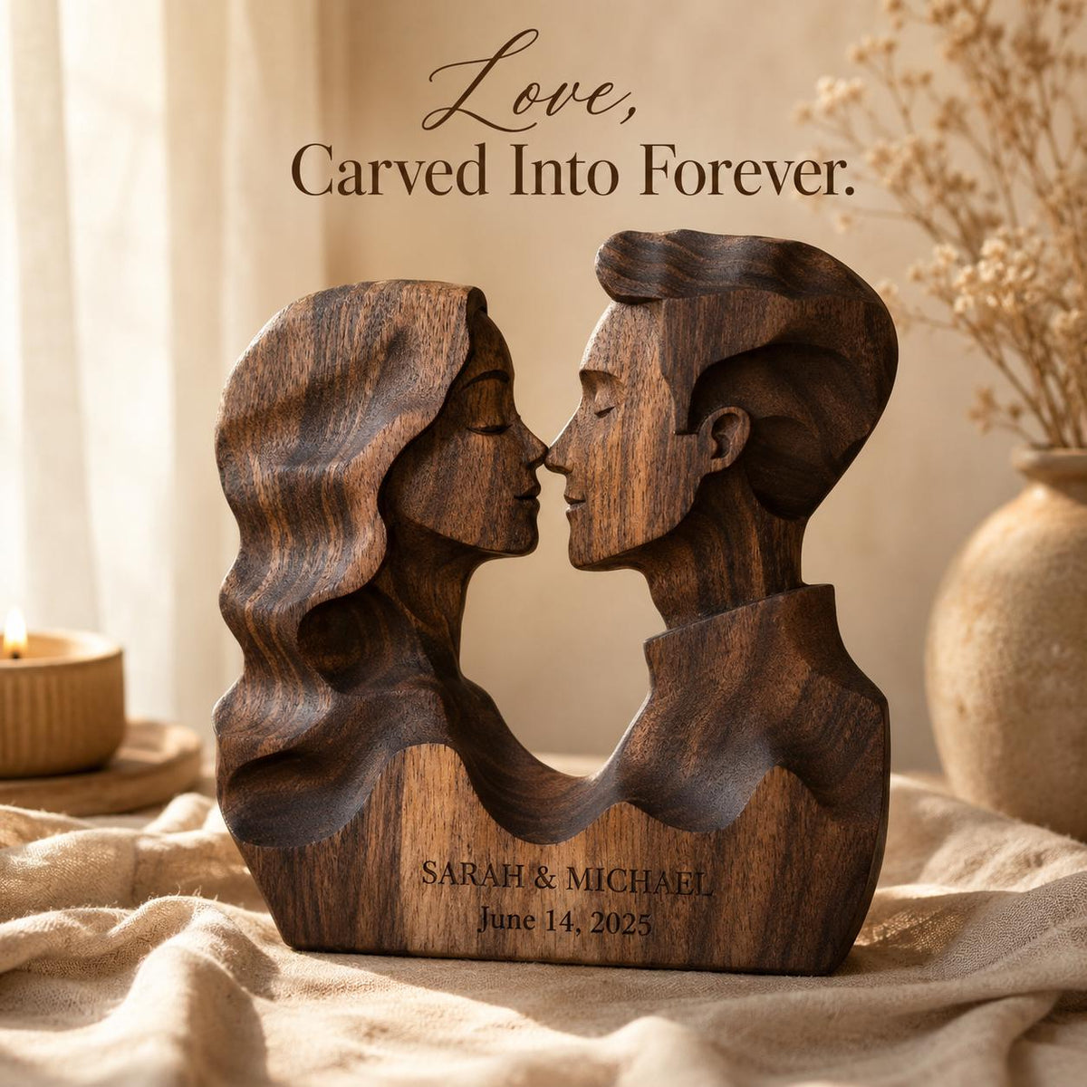 Just Married Gift for Couple, Kissing Couple Profile Silhouette Sculpture, 3D Solid Walnut Wood Personalized Wedding Ann