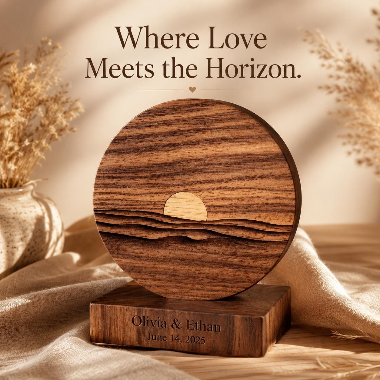 Beach Wedding Gift for Couple, Sunset Horizon Ocean Wave Round Sculpture, 3D Solid Walnut Wood Personalized Anniversary 