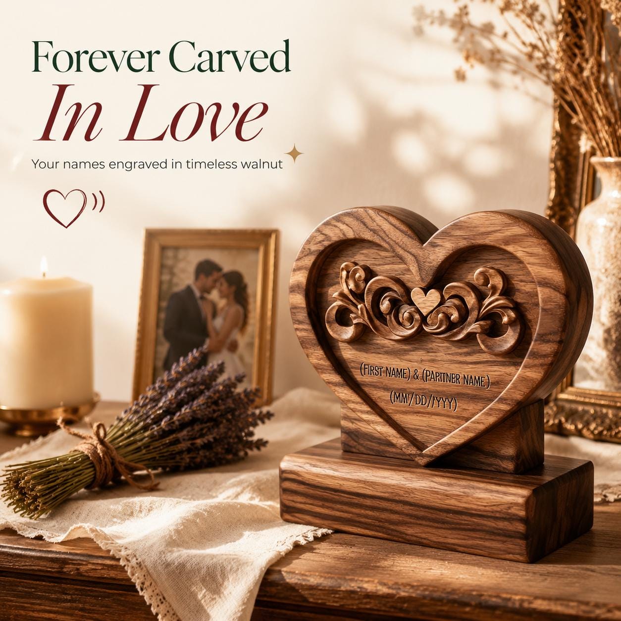 Wedding Table Centerpiece, Ornate Floral Heart Relief Plaque, 3D Solid Walnut Wood Personalized Names Anniversary Sweeth