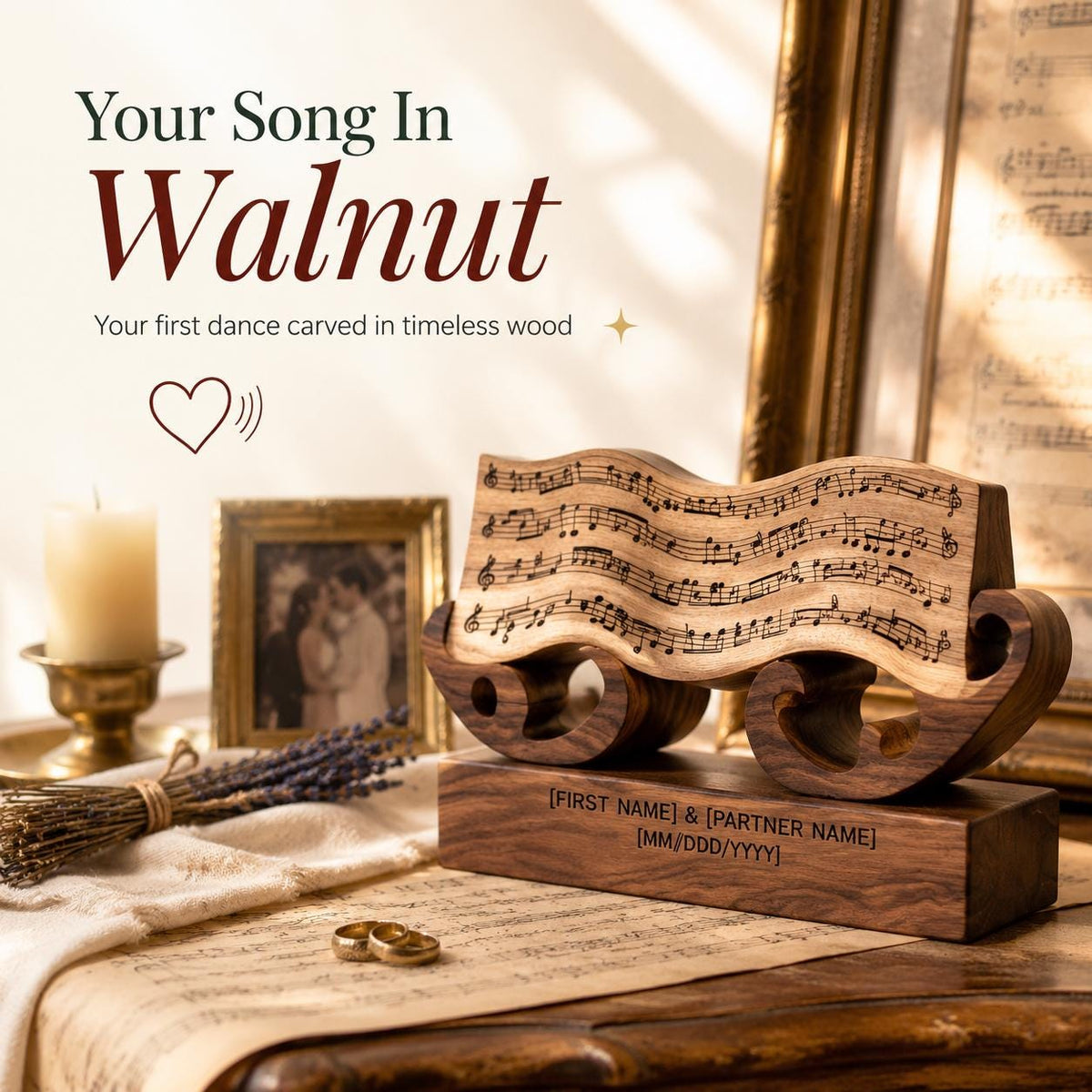 First Dance Song Wedding Gift, Personalized Sheet Music Wave Sculpture, 3D Solid Walnut Wood Anniversary Custom Song Not