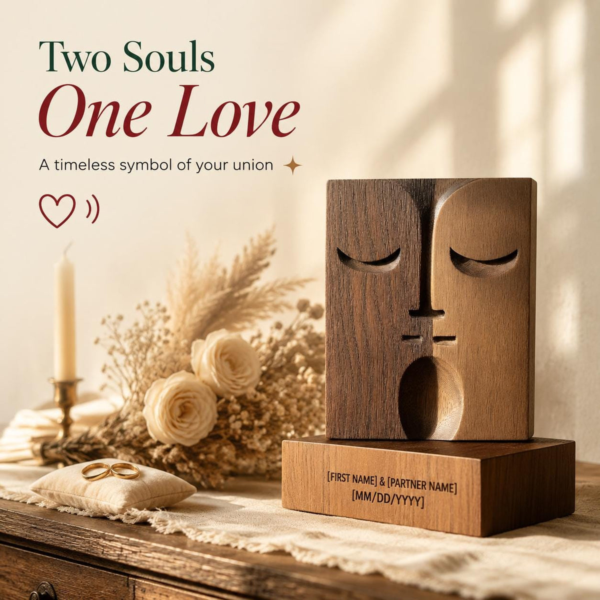 Modern Wedding Gift, Abstract Two Souls Face Silhouette Sculpture, 3D Solid Walnut Wood Minimalist Anniversary Decor Cus