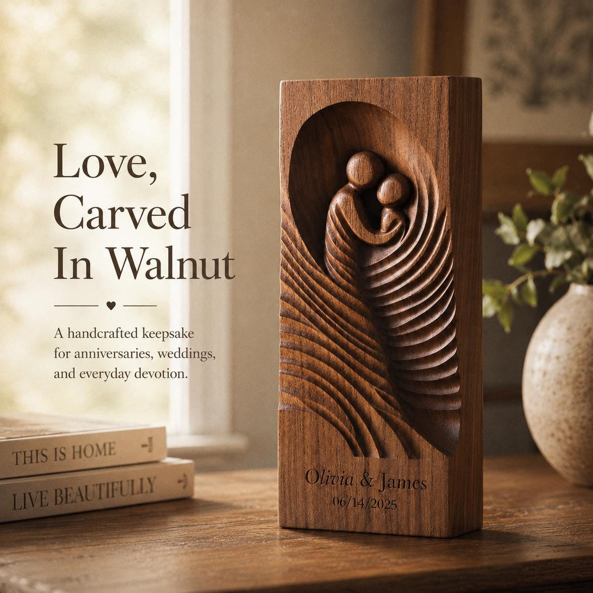 3D Walnut Wood Family Sculpture, Custom Names Keepsake, Anniversary Home Decor