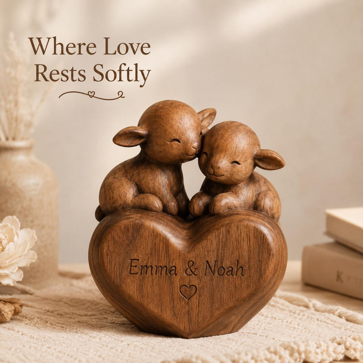 Farmhouse Wedding Gift, Snuggling Lamb Couple on Heart Sculpture, 3D Solid Walnut Wood Personalized Anniversary Countrys
