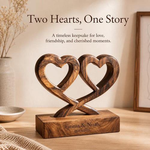 Anniversary Gift for Him, Interlocked Twin Hearts Sculpture, 3D Solid Walnut Wood Wedding Keepsake with Names & Date, Ha