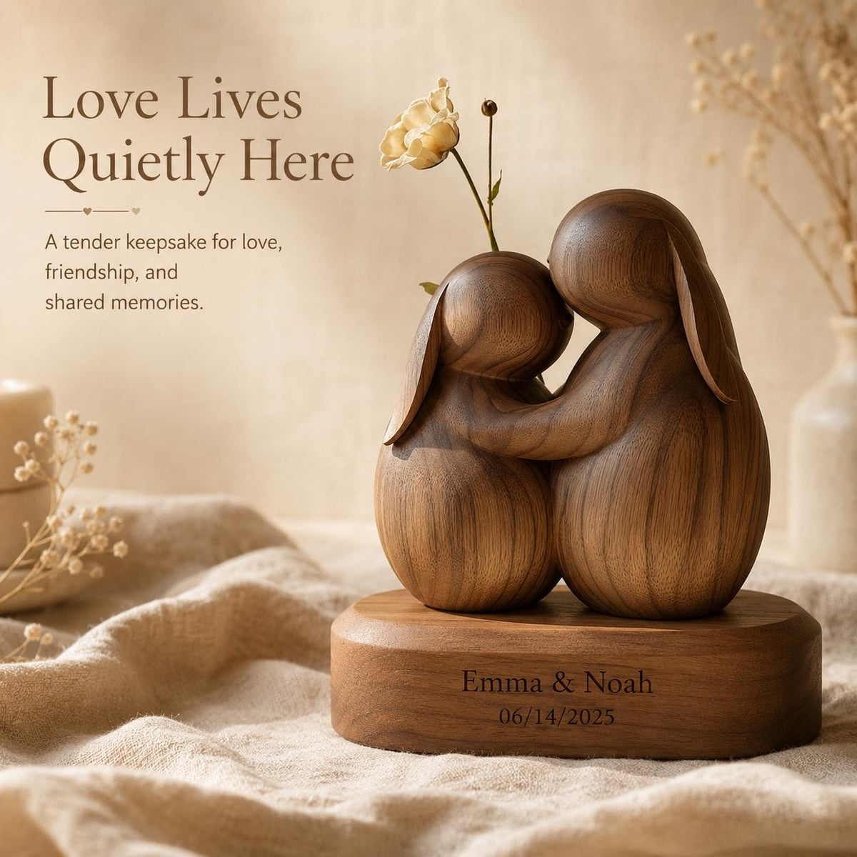 Easter Wedding Gift for Couple, Embracing Bunny Couple Sculpture, 3D Solid Walnut Wood Personalized Anniversary Rabbit L