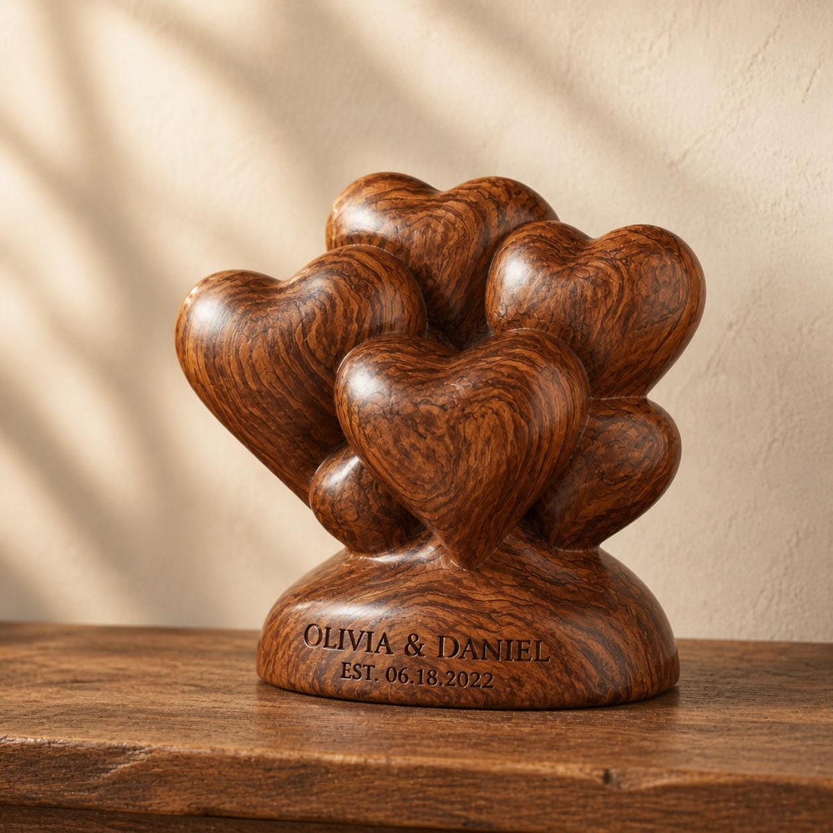 Family Anniversary Gift for Parents, Heart Cluster Sculpture Family Number, 3D Solid Walnut Wood Custom Names Housewarmi
