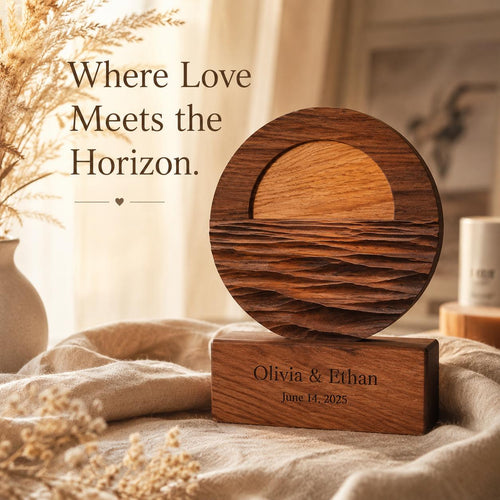 Beach Wedding Gift for Couple, Sunset Horizon Ocean Wave Round Sculpture, 3D Solid Walnut Wood Personalized Anniversary 