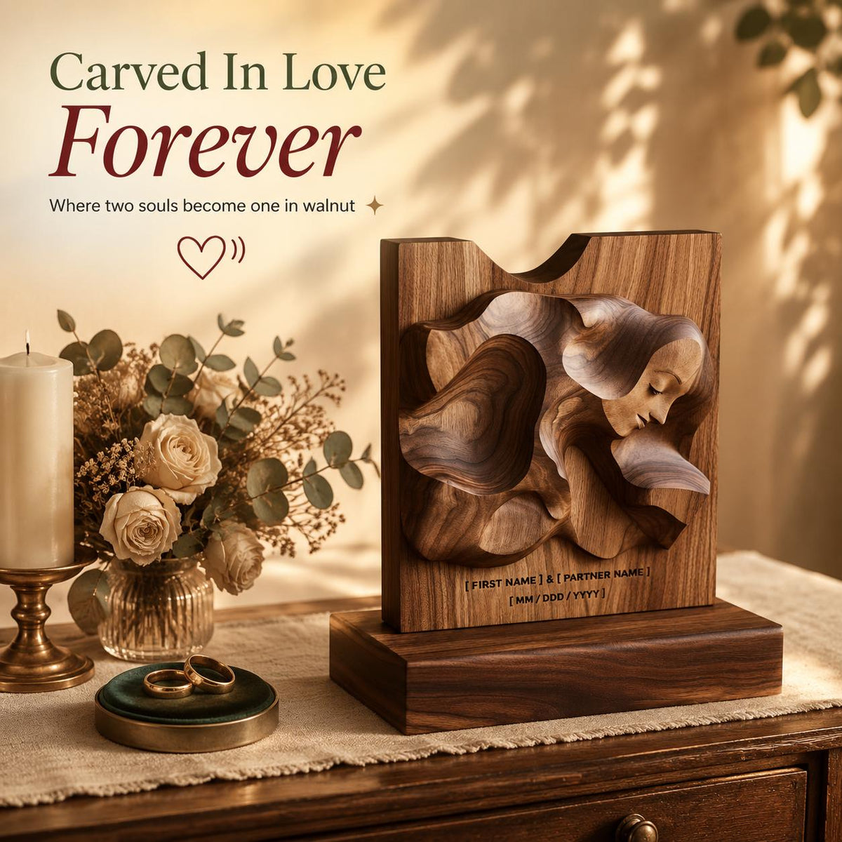 3D Walnut Wood Carving Sculpture, Woman Profile, Minimalist Art Statue, Custom Names
