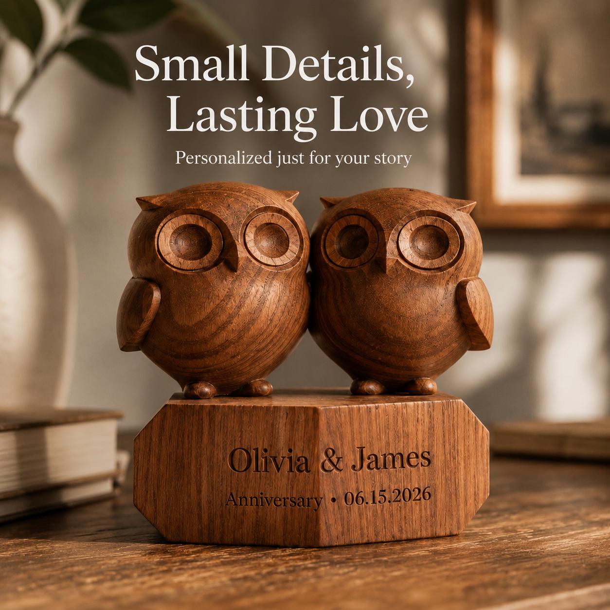 Wedding Gift for Best Friend, Big Eyed Baby Owl Couple Sculpture, 3D Solid Walnut Wood Kawaii Anniversary Keepsake, Cust