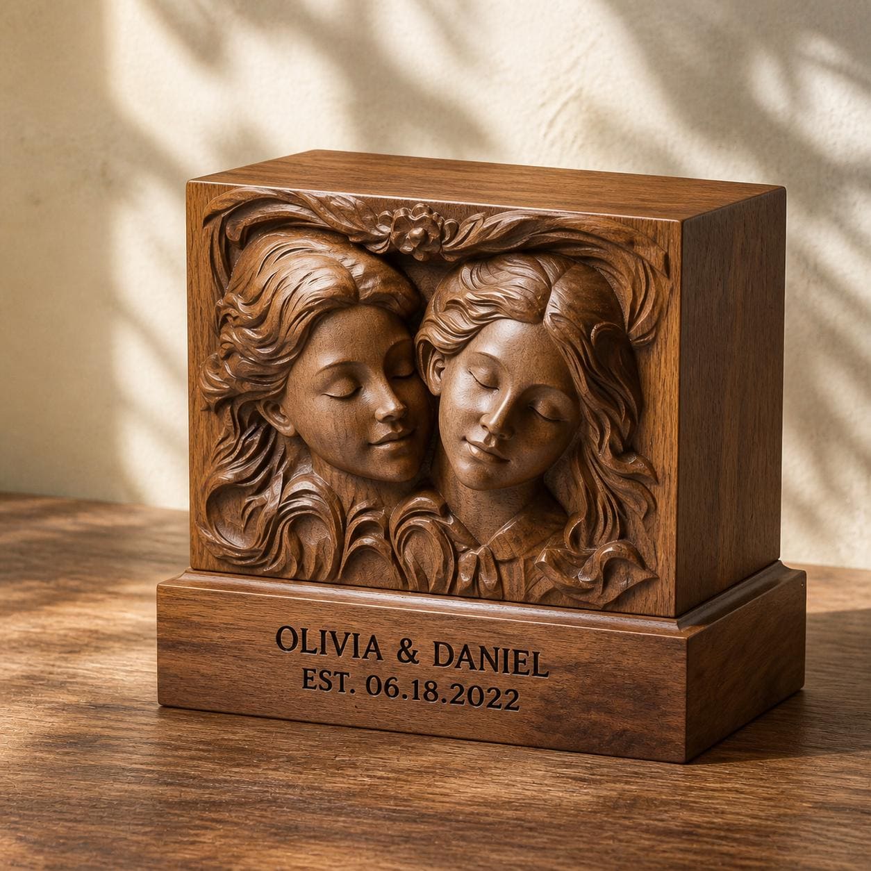 Personalized Sister Gift or Same Sex Wedding Present, Two Sleeping Faces Relief Portrait, 3D Solid Walnut Wood Framed Ke