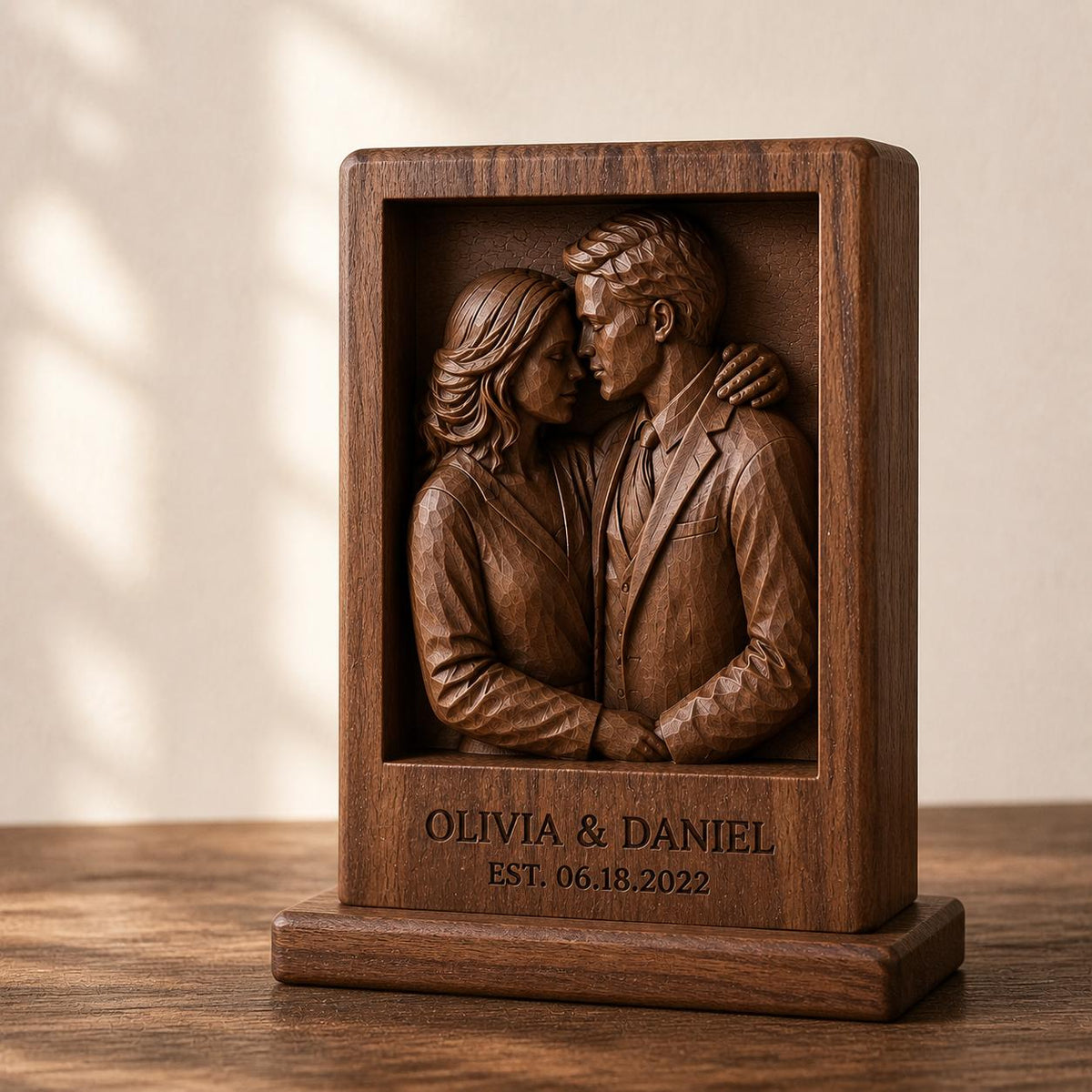 Wedding Anniversary Gift for Wife, Couple Embrace Portrait Relief, 3D Solid Walnut Wood Framed Memory Block, Personalize