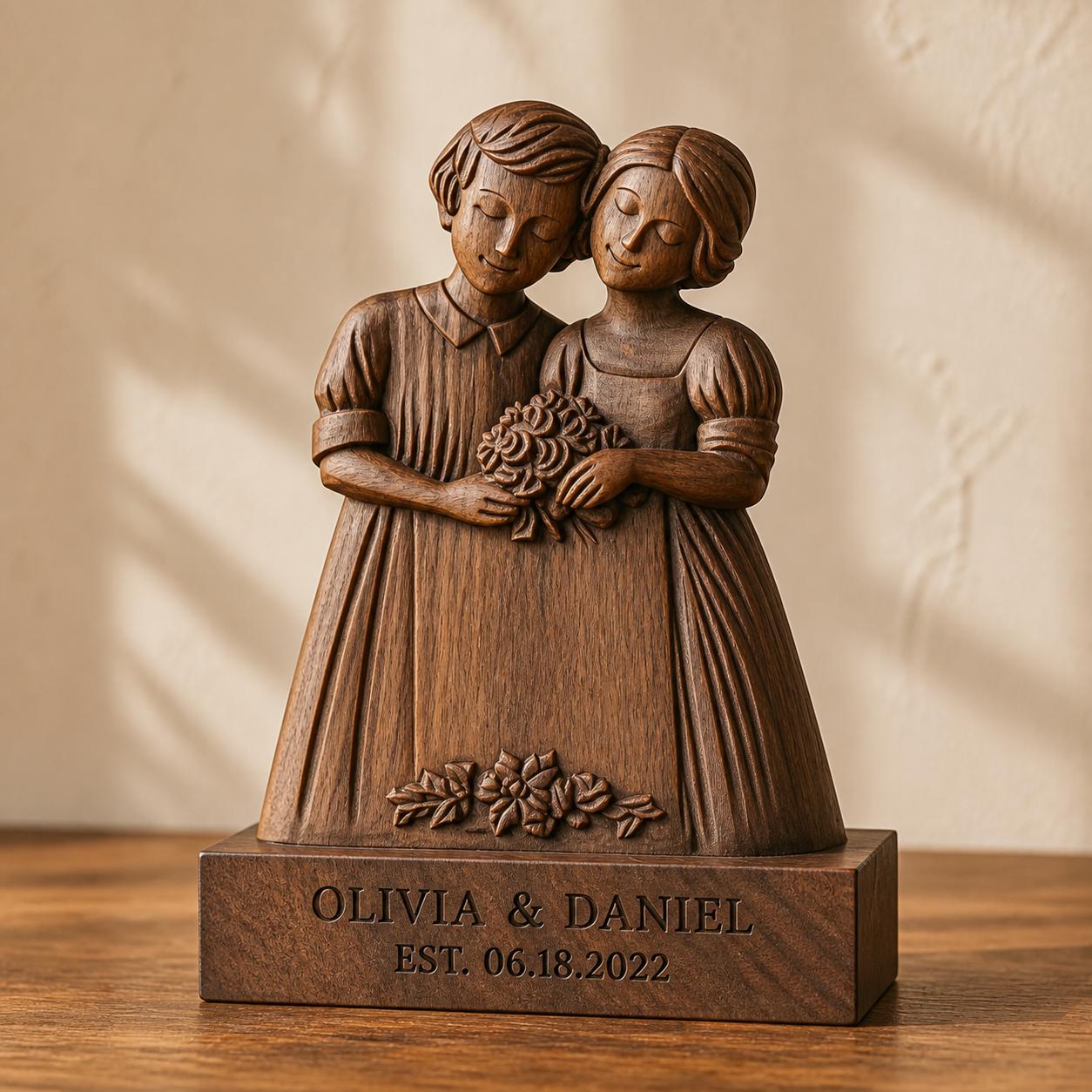 Sister Wedding Gift, Bridesmaid Sculpture with Bouquet, 3D Solid Walnut Wood Maid of Honor Keepsake, Personalized Names 