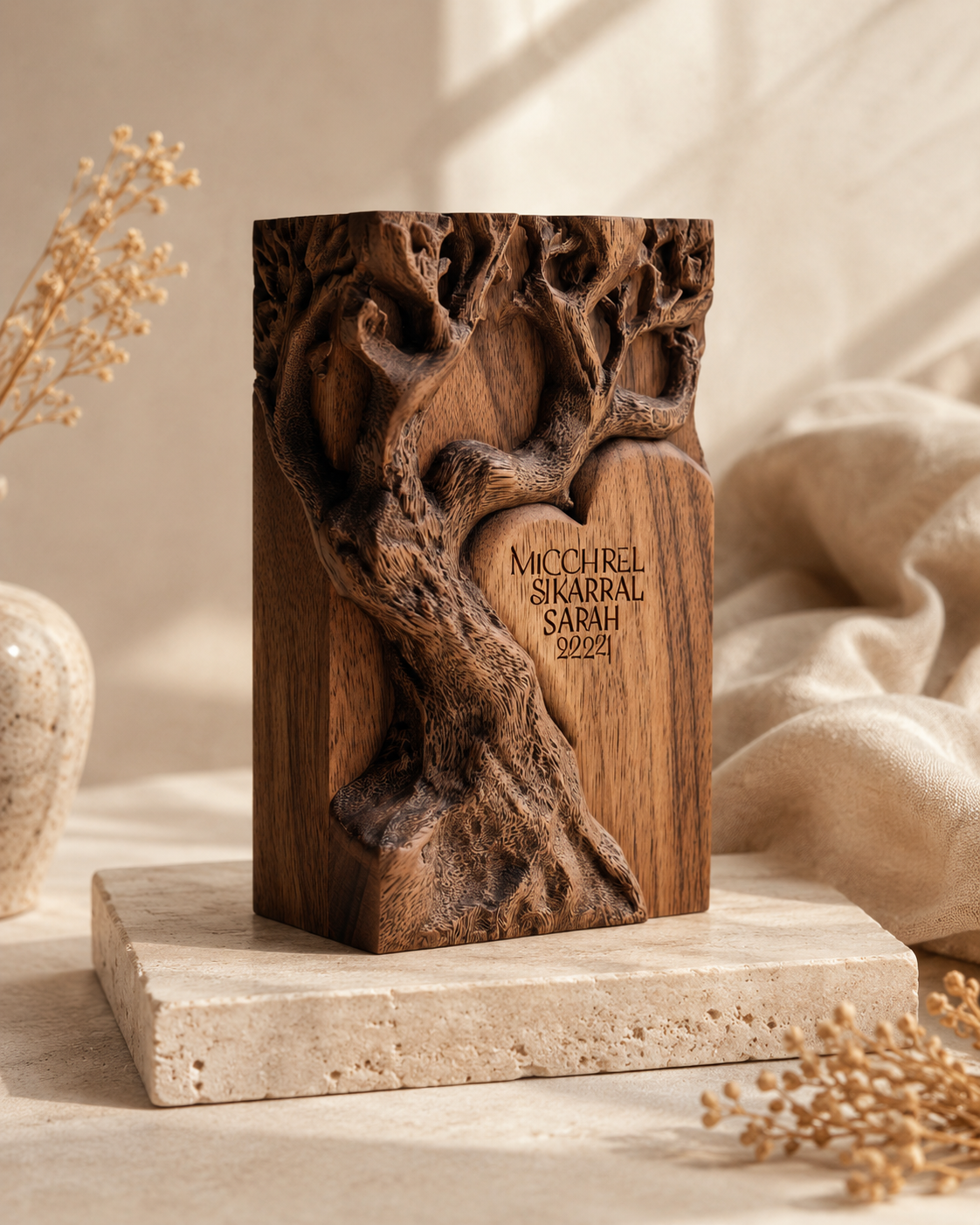 Walnut Carved Tree Heart Block — angle 1
