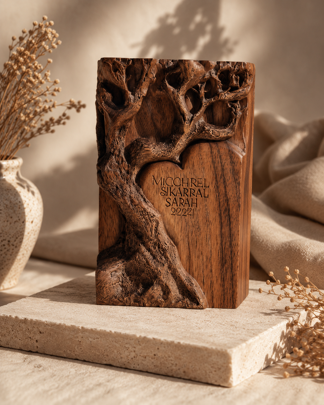 Walnut Carved Tree Heart Block — angle 3