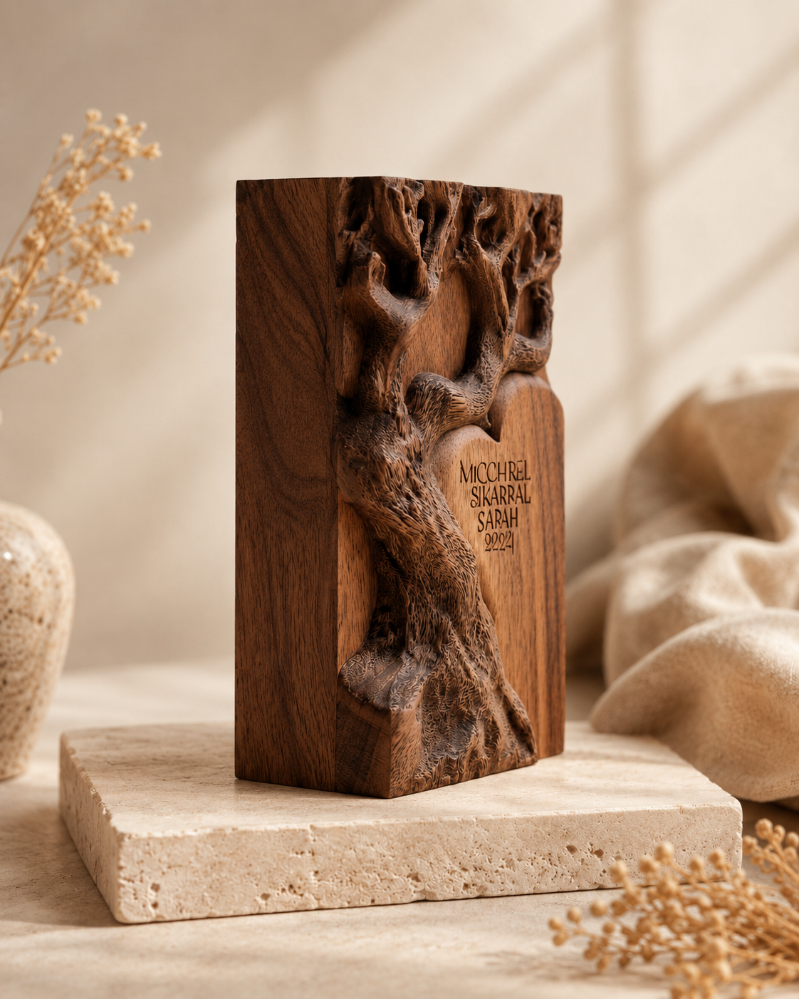 Walnut Carved Tree Heart Block — angle 5