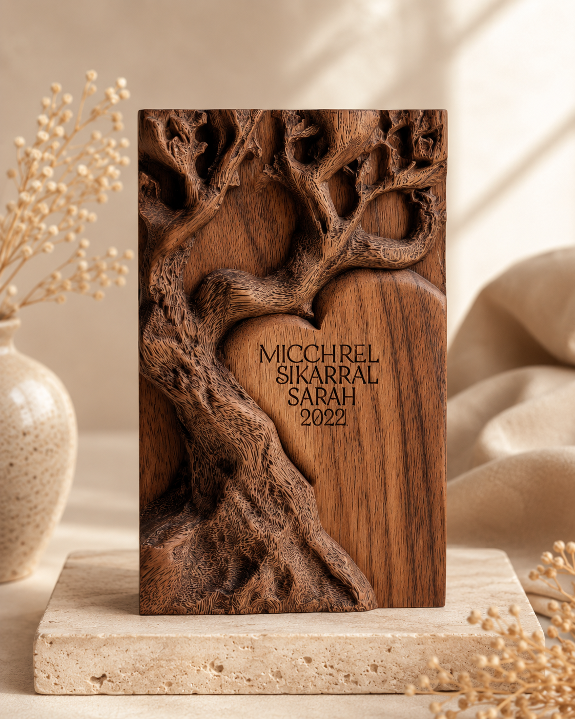 Walnut Carved Tree Heart Block II — angle 2