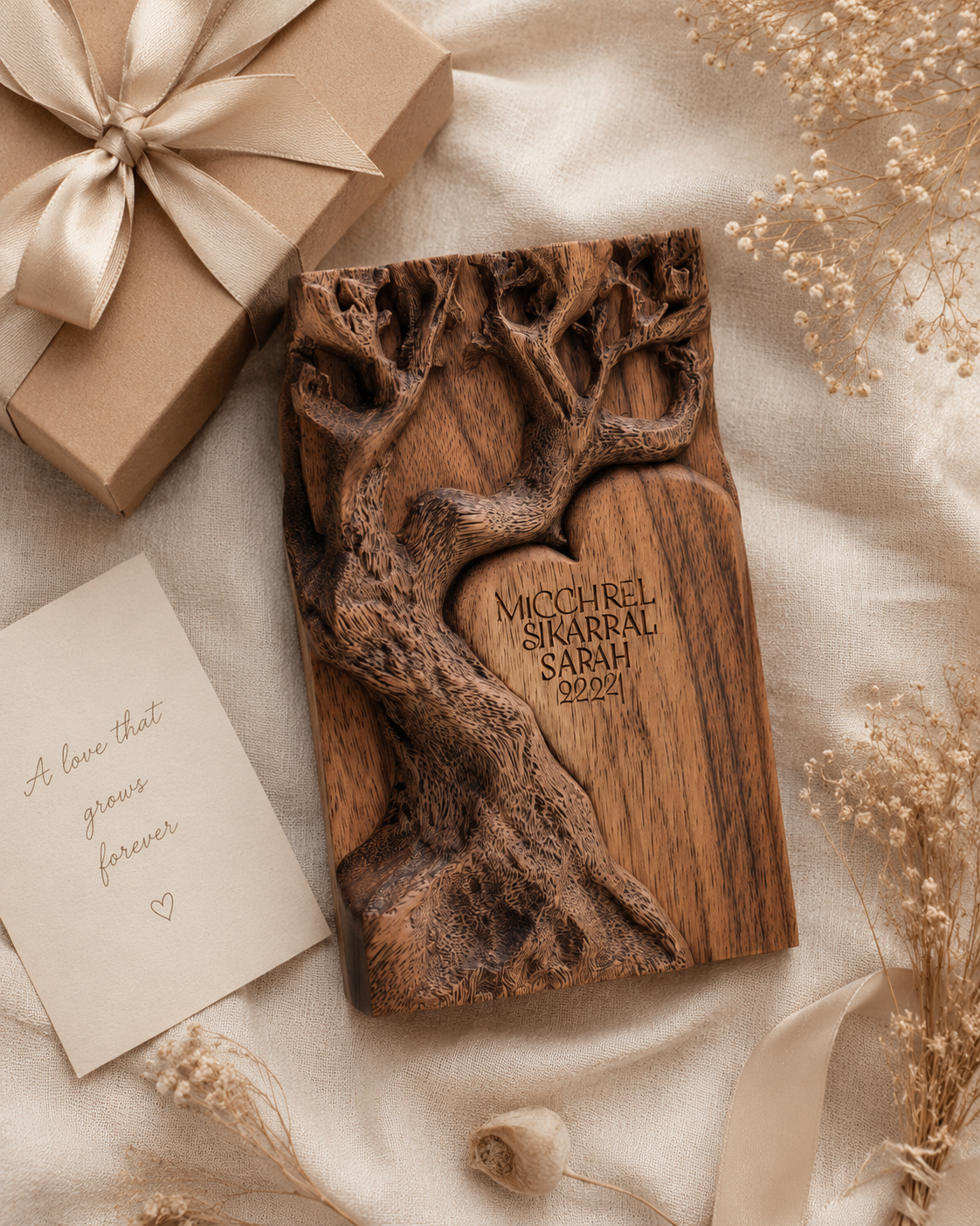Walnut Carved Tree Heart Block II — angle 4