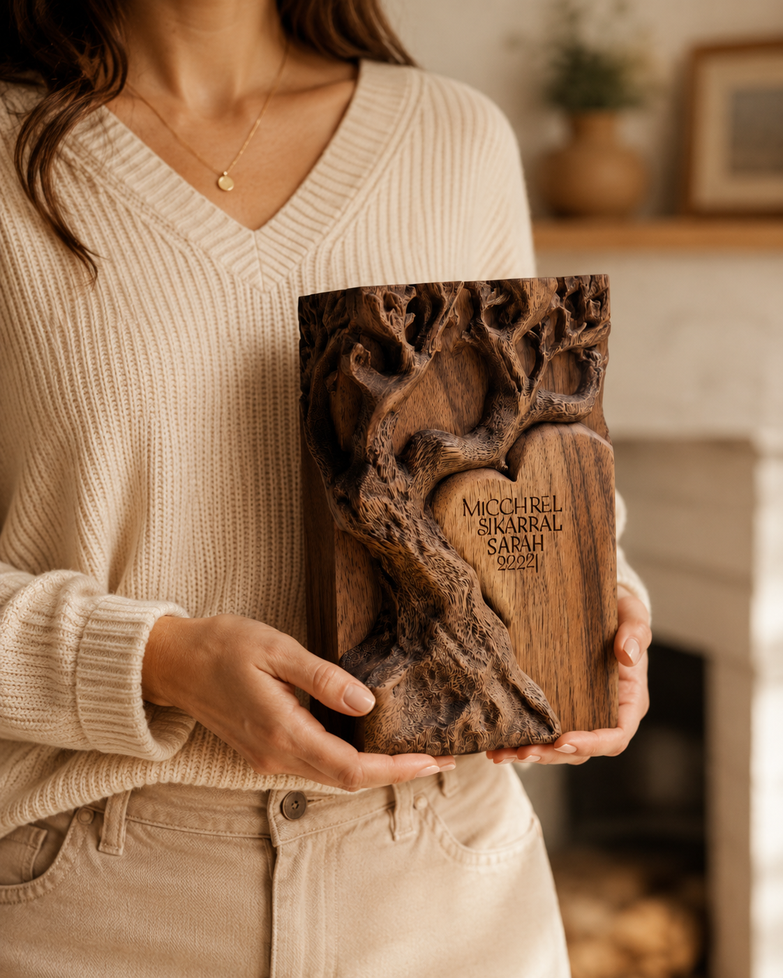 Walnut Carved Tree Heart Block II — angle 7